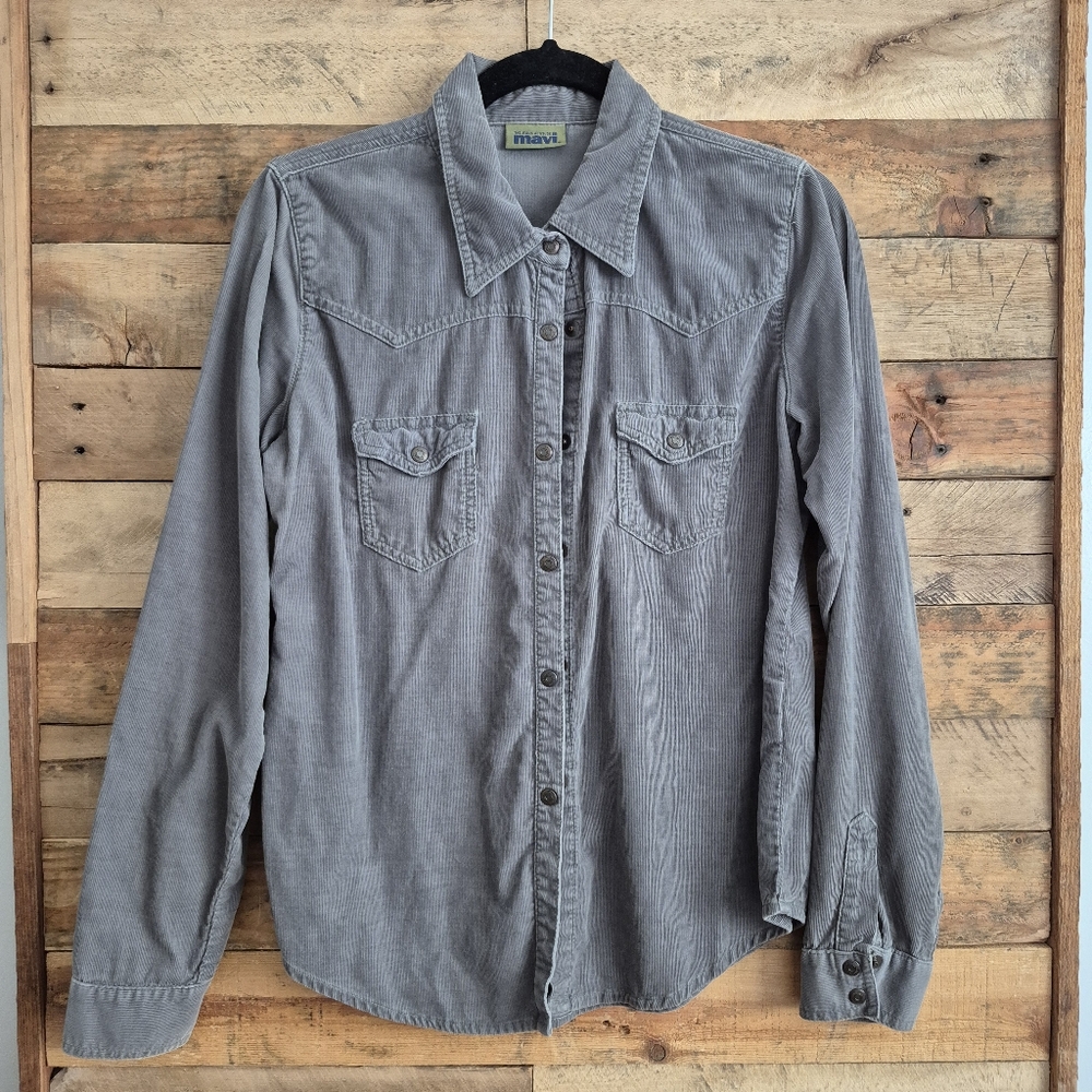 Mavi Corduroy Snap Front Cowgirl Shirt Gray Western Yoke Long Sleeve Womens L